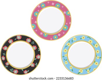 Illustration set of cute floral dishes. Vector image.