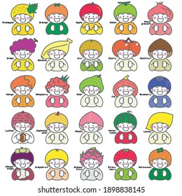 Illustration set of cute girls (apples, bananas, chestnuts, strawberries, mangoes, melons, dragon fruits, etc.) that anthropomorphize 25 kinds of fruits with text