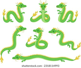 Illustration set of cute green dragon characters in various poses