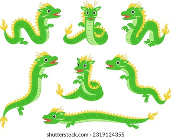 Illustration set of cute green dragon characters