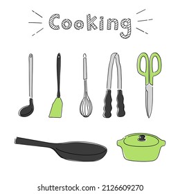 Illustration set of cute hand drawn cooking tools (white background, vector, cut out)