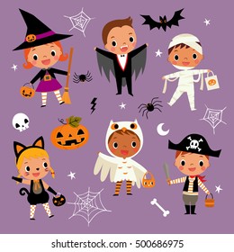 illustration set of cute happy cartoon children in colorful halloween costumes.witch, vampire, cat,owl, dracula, pirate, mummy, pumpkin, spider