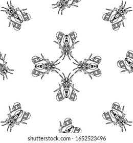 Illustration set of cute Insects black line art, Vector seamless pattern on white background for you design 