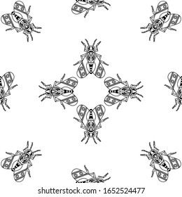 Illustration set of cute Insects black line art, Vector seamless pattern on white background for you design 