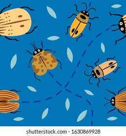 Illustration set of cute Insects cartoon,Vector seamless pattern on blue background for you design