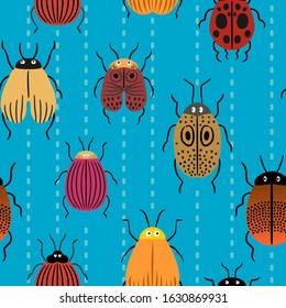 Illustration set of cute Insects cartoon,Vector seamless pattern on blue background for you design