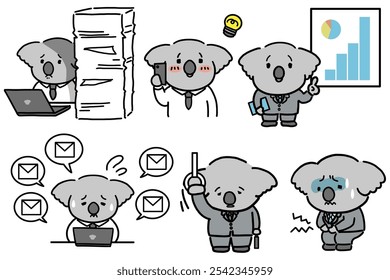 Illustration set of cute koalas working in a company.