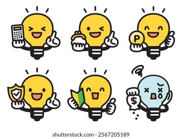 Illustration set of cute light bulb mascots.