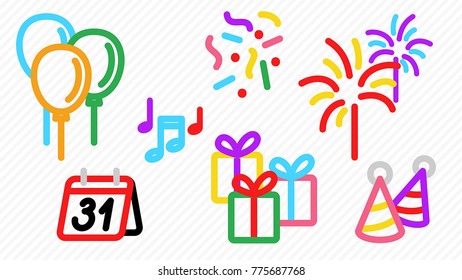Illustration: Set of Cute Minimalist Modern New Year Icon Outline with Colors on Stripe Background. Easy to Understand For Kids.