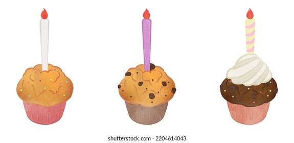 Illustration set of cute muffins with candles