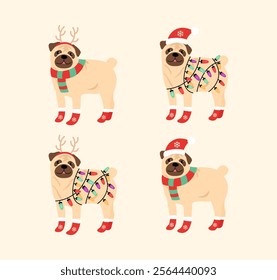 Illustration set of cute new year pugs on light pink background.