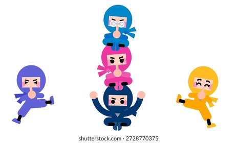 Un conjunto de ilustraciones de lindos personajes ninja que se apilan mientras se equilibran.