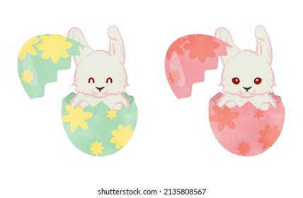 Illustration set of cute rabbits popping out of Easter eggs