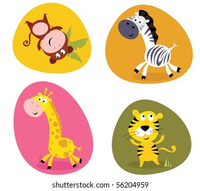 Illustration set of cute safari animals: monkey, tiger, giraffe and zebra. Vector cartoon illustration of monkey, tiger, giraffe and zebra