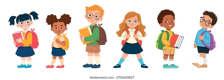 Illustration set of cute schoolchildren in flat design. Vector on white background.