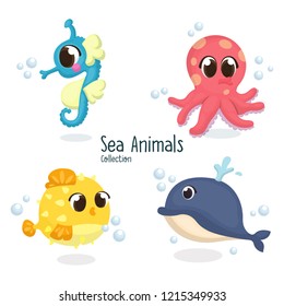 Illustration set of Cute Sea Animal, Seahorse, Octopus, Puffer Fish, Whale with Cartoon Style