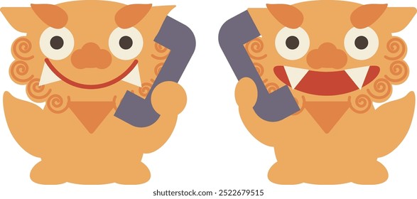 Illustration set of a cute Shisa holding a phone