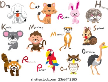 Illustration set of cute small animals and birds with alphabet names