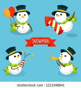 Illustration set of Cute Snowman Character with Cartoon Style