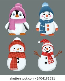 Illustration set of Cute snowman character and penguin