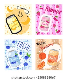 Illustration of a set of cute and tasty soda cans. 