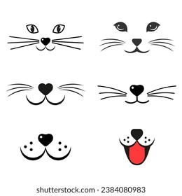 Illustration of a set of cute varied faces of cats with mustaches on a white background.