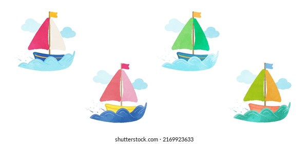 
Illustration set of a cute yacht running on the waves