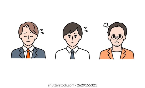 Illustration set D of three business men expressing worries, confusion, and anxiety.