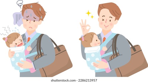 Illustration set of dad in suit holding baby and going out