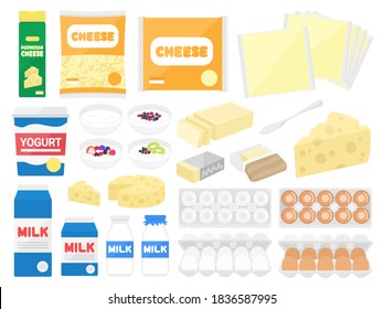 Illustration set of dairy products such as cheese and milk.