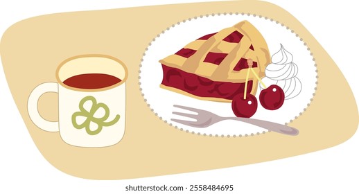 An illustration set of dark cherry pie and drinks.
I've illustrated a delicious looking dark cherry pie set.