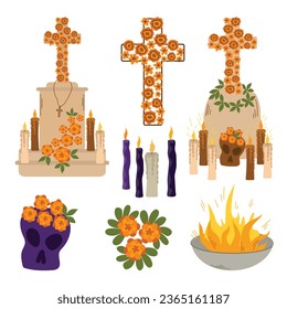 Illustration. Set of Day of the Dead elements Mexican traditions. Altar, marigolds, bonfire flames, skull with flowers, monuments. Halloween Celebration. Isolated on white background. flat vector.