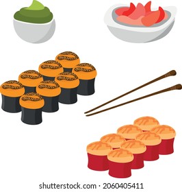 Illustration of a set of delicious rolls and sushi with ginger, wasabi and Japanese sticks. Japanese delicacy. Seafood dish.