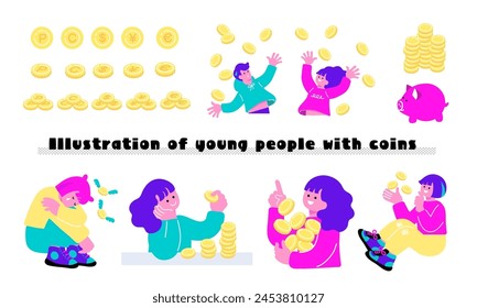 Illustration set depicting coins and people's asset formation