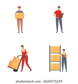 Illustration set depicting delivery personnel with packages, working and organizing shipments