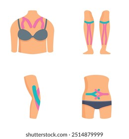 Illustration set depicting kinesiology tape applied on various body parts for pain relief