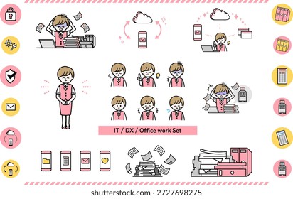Conjunto de ilustraciones que representa el trabajo de TI y de oficina para la transformación digital DX de tareas administrativas y mejoras operativas