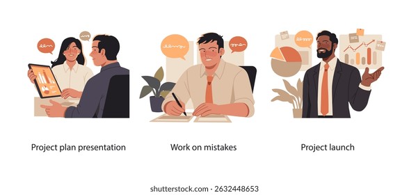 Conjunto de ilustrações que descreve os estágios de desenvolvimento do projeto, incluindo apresentação de planos, correção de erros e lançamento com gráficos e análises finais.