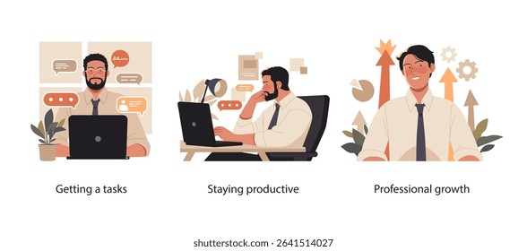 Illustration set depicting task delegation, maintaining productivity at work, and achieving professional career development in an office.