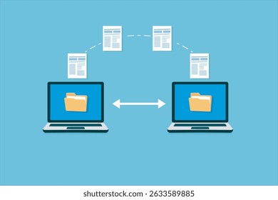 Illustration set depicts a digital file transfer concept between two laptops, featuring documents and folders moving in a seamless flow.