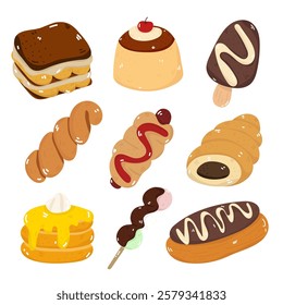 Illustration set of desserts and bakery items. Such as cakes, bread. Separate background.
