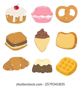 Illustration set of desserts and bakery items. Such as cakes, bread. Separate background.
