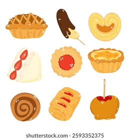 Illustration set of desserts and bakery items. Such as cakes, bread. Separate background.
