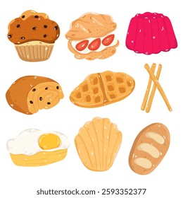 Illustration set of desserts and bakery items. Such as cakes, bread. Separate background.
