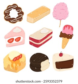 Illustration set of desserts and bakery items. Such as cakes, bread. Separate background.
