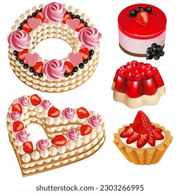 Illustration set of desserts cakes and pastries with strawberries, currants 