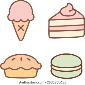 Illustration set of desserts including an ice cream cone, cake slice, pie, and macaron in soft design.