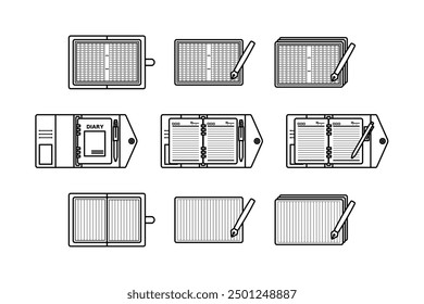 An illustration set of a diary, composition paper, and manuscript paper. Made with simple lines.