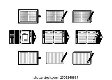 An illustration set of a diary, composition paper, and manuscript paper. Made with simple lines.