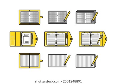 An illustration set of a diary, composition paper, and manuscript paper. Made with simple lines.